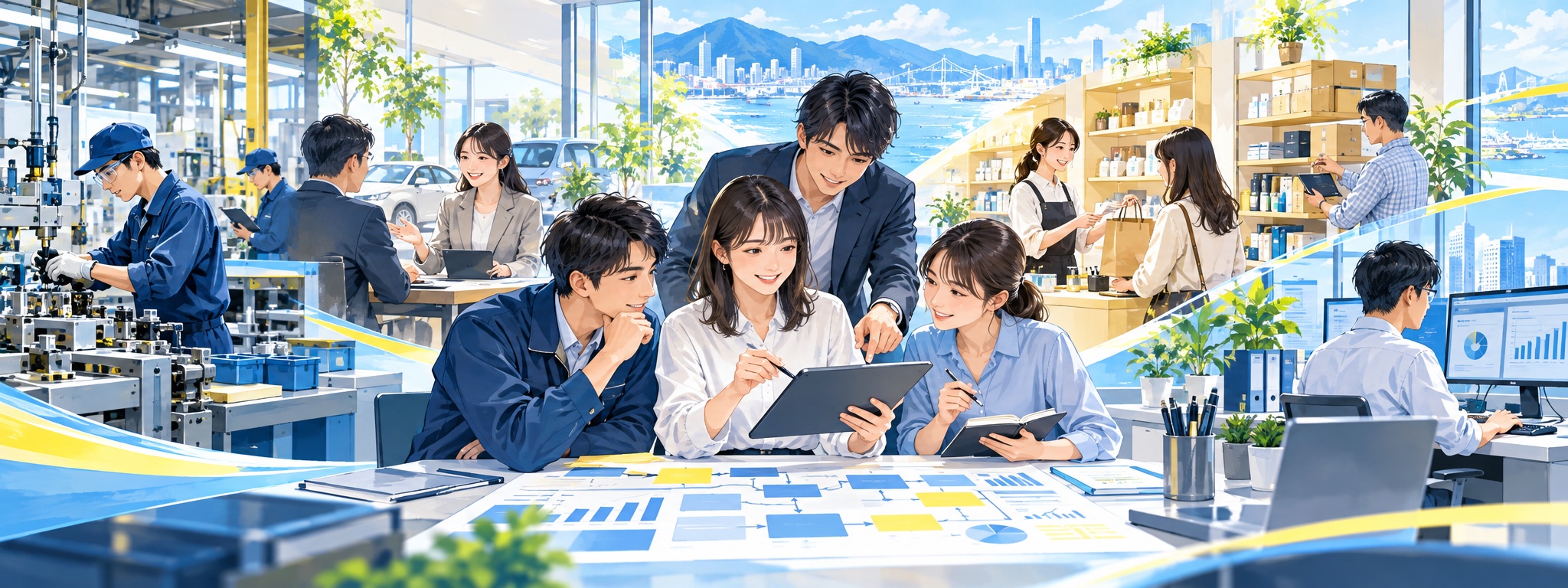 製造現場、営業、店舗、事務の若手が、仕事の流れとデータを一緒に整理するイラスト